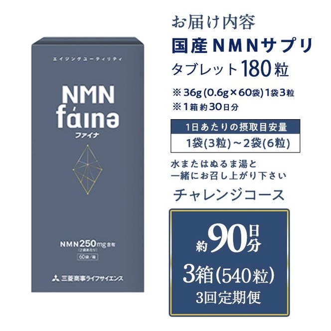 完全国内生産のNMNサプリメント「NMNファイナ」計540粒（計180粒×3回毎月） 健康サポートサプリメント NMN 大分県 佐伯市【GM002】【三菱商事ライフサイエンス (株)】