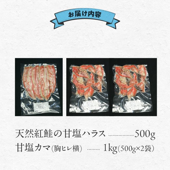 天然紅鮭の甘塩ハラス500g 甘塩カマ1kg(500g×2袋)セット_HD151-009