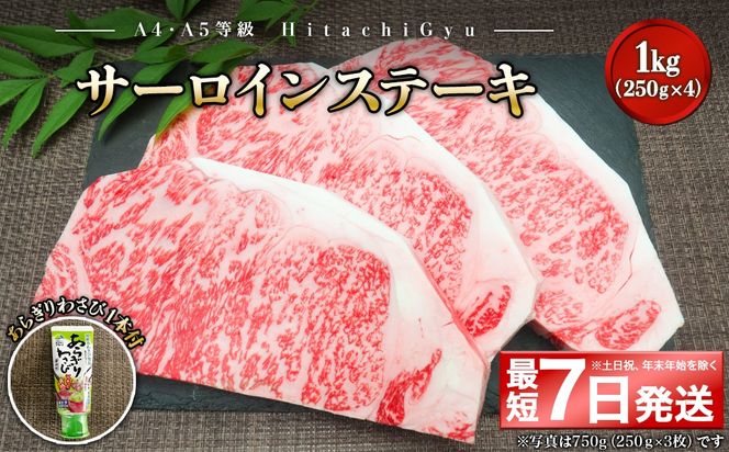 K2422 <最短7日発送> 常陸牛A5等級 サーロインステーキ1kg (250g×4枚) あらぎりわさび1本付