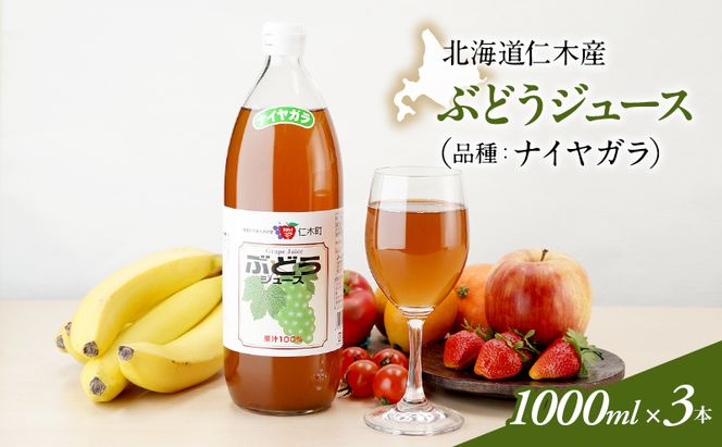 北海道仁木産ぶどうジュース（品種：ナイヤガラ）：1000ml×3本 果汁飲料 野菜飲料 ブドウ ぶどう ジュース[JA新おたる] 