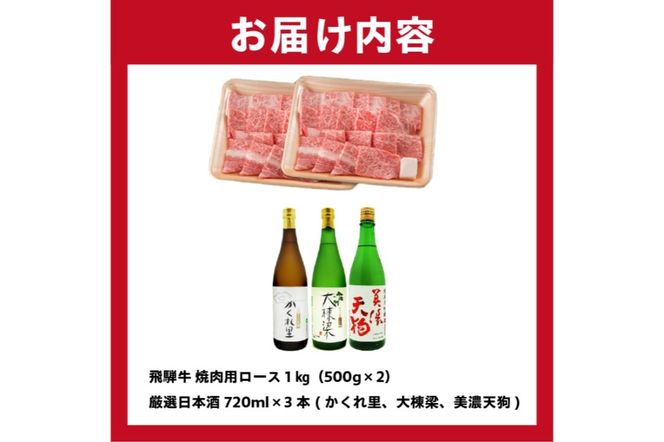 3-2　飛騨牛 焼肉用ロース 1㎏（500g×2） + 厳選日本酒720ml×3本【0026-029】