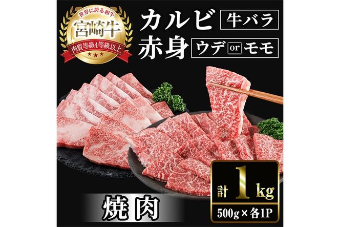 宮崎牛 赤身＆カルビ カット 焼肉 (合計1kg・500g×2) 焼肉 お肉 牛肉 黒毛和牛 宮崎牛 ブランド和牛 冷凍 国産 カルビ 赤身 宮崎県産 【YM-44】【YAMATO株式会社】