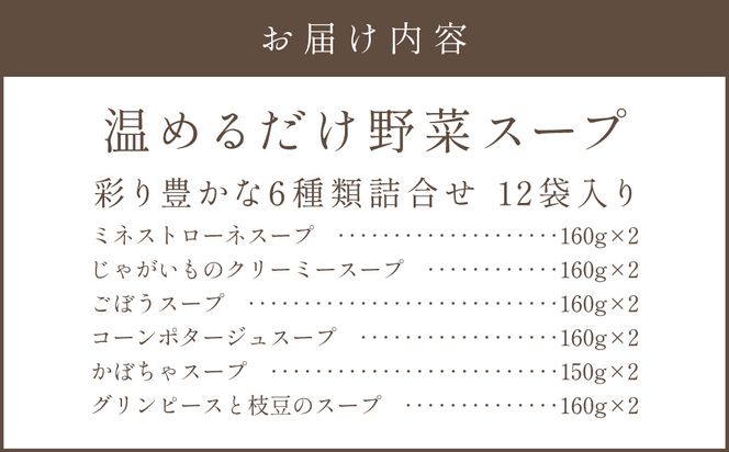 【A5-327】温めるだけ 野菜スープ 彩り豊かな6種類詰合せ12袋入り