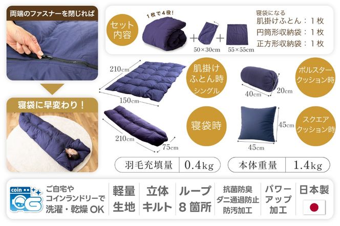 【寝袋 にもなる 4way!】 洗える 羽毛布団 掛け布団 肌掛け シングル アウトドア ダック93％ ネイビー 寝袋 羽毛 布団 ふとん 車中泊 キャンプ 防災 ダウンシュラフ クッション 抗菌 防臭 防汚 3way [川村羽毛 山梨県 韮崎市 20743476]