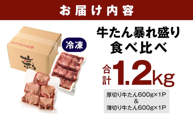 G4022 牛たん 暴れ盛り 食べ比べ 総量1.2kg【厚切り 薄切り 600g×2P 牛肉 牛タン 焼肉 BBQ キャンプ アウトドア 焼くだけ 簡単調理 訳あり サイズ不揃い 小分け】