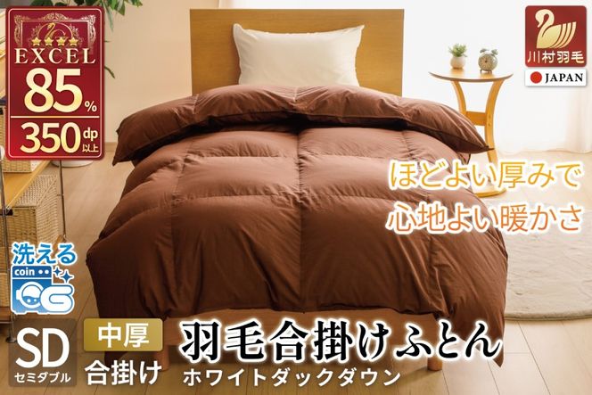 【春秋用】 洗える 羽毛布団 合掛け セミダブル ホワイトダックダウン85％ 1.0kg 無地 ブラウン 中厚 春用 秋用 [川村羽毛 山梨県 韮崎市 20745412] 合い掛け 布団 コインランドリー 掛け布団 ダウンかけ布団 ふとん 羽毛ふとん 合掛け布団 エクセルゴールドラベル