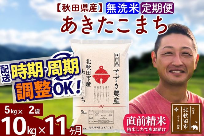 ※令和7年産※《定期便11ヶ月》秋田県産 あきたこまち 10kg【無洗米】(5kg小分け袋) 2025年産 お届け時期選べる お届け周期調整可能 隔月に調整OK お米 すずき農産|szap-30611