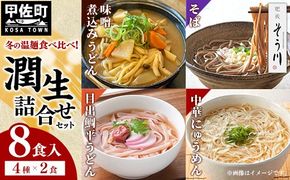 肥後そう川　潤生詰合せ（秋冬）計８食入り - 麺 麺類 味噌煮込みうどん 目出鯛平うどん そば にゅうめん 中華そば風 スープ付き 煮込むだけ 国産 熊本産 小麦 国産小麦 手延べ 再熟成 こだわり 乾麺 もちもち食感 簡単調理 常温保存可能 贈り物 ギフト プレゼント 手土産 人気 おすすめ 熊本県 甲佐町