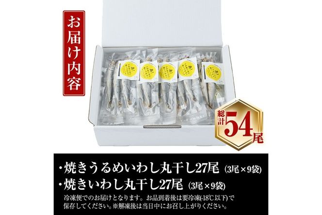焼き うるめいわし 丸干し・焼き いわし 丸干し セット(総計54尾) 焼いてますシリーズ 小分け 国産 冷凍 国産 魚 海鮮 おつまみ おかず 惣菜 簡単調理 大分県 佐伯市【DL25】【鶴見食賓館】