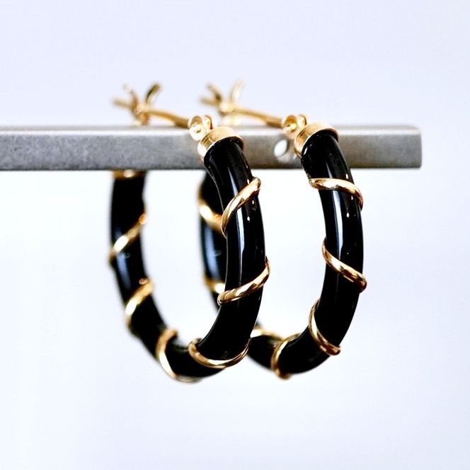 K18 18金 イエローゴールド オニキス フープ ピアス (直径20mm) 保証書付 KO-0057 SWAD082