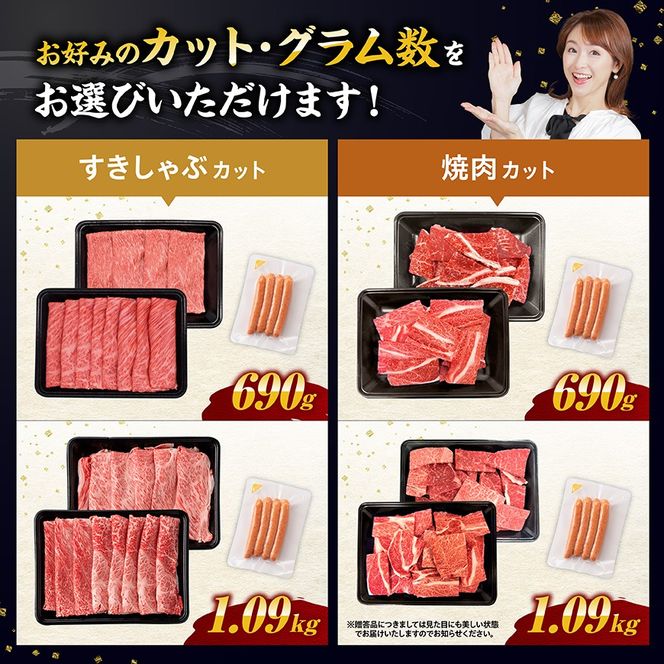 牛肉 ※発送時期・グラム・カットが選べる※宮崎牛 赤身・霜降りすきしゃぶor焼肉 2種600g～1000g+粗挽きウインナー90g 【 牛肉 黒毛和牛 すき焼き スキヤキ しゃぶしゃぶ 肩ロース ウデ モモ A4ランク牛肉 A5ランク牛肉 4等級 5等級 】ⅡⅠ[ B00610 B00611 B00612 B00613 B00639 B00640 B00641 B00642 ]