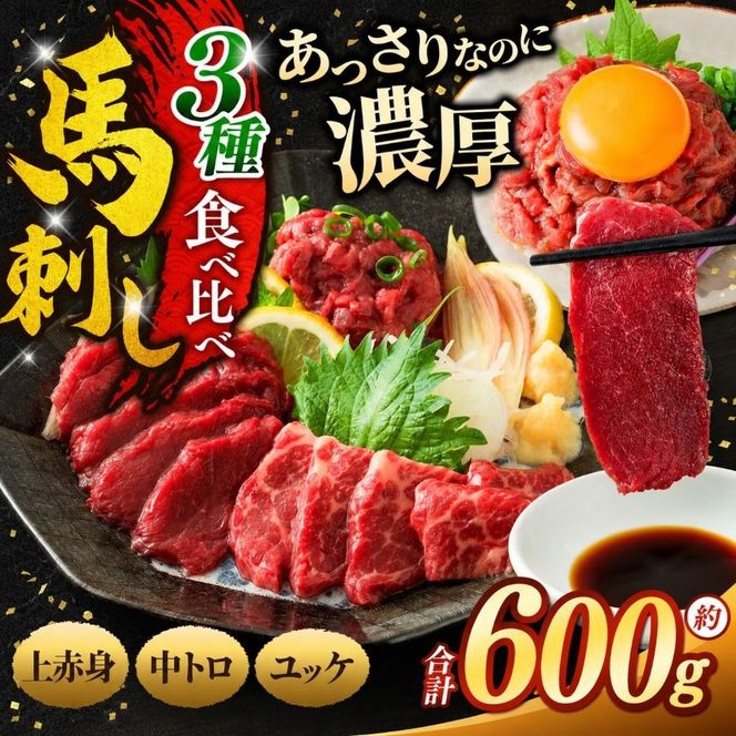 馬刺し 3種 食べ比べ セット 約600g （ 訳あり 上赤身 ・ 霜降り 中トロ ・ 馬肉 ユッケ 各約200g ） | 馬刺し 上赤身 霜降り 中トロ 馬刺し 馬肉ユッケ あっさり 馬刺 長野 信州 濃い旨み 馬肉 お肉 刺身 冷凍 小分け 送料 無料 伊那 信州【021-56】