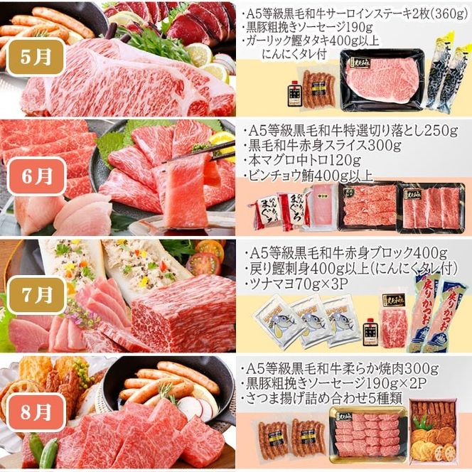 定期便(12回配送)お楽しみ便(A5等級黒毛和牛・黒豚・かつお・まぐろ・さつまあげ等)JJ-6002 【1166755】