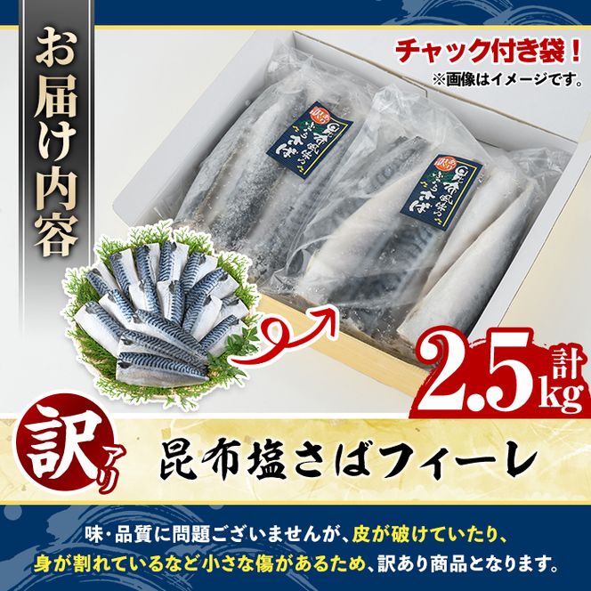 訳あり！昆布塩さばフィーレ(計2.5kg) サバ 鯖 おかず おつまみ 惣菜 焼き魚 フィレ 昆布 ご家庭用 リピート 小分け チャック付き袋 【グローバルフーズ】akn061-63
