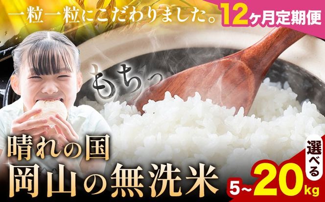 【12ヶ月定期便】晴れの国岡山の無洗米 選べる内容量 5kg 10kg 15kg 20kg 岡山県産 無洗米 無洗 米 矢掛町《申し込み翌月から発送》米 コメ---ofn_homtei_25_138000_mo12num1---