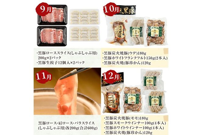 a889 《定期便全12回》鹿児島ますやの鹿児島黒豚「短鼻豚」のお肉＆無添加加工品【鹿児島ますや】姶良市 豚肉 黒豚 無添加 ソーセージ ウィンナー ウインナーソーセージ ベーコン 炭火焼き ハム 焼肉 しゃぶしゃぶ 餃子 おかず