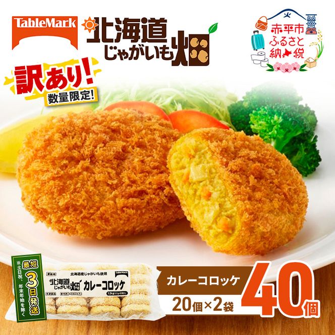 訳あり 北海道 コロッケ じゃがいも畑 カレー 20個 × 2袋 計 40個 カレーコロッケ じゃがいも 最短3日 7日出荷 冷凍食品 惣菜 弁当 おかず 揚げ物 グルメ 大容量 冷凍コロッケ 揚げるだけ 時短 