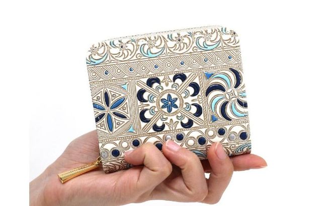 【文庫屋大関】二つ折りファスナーミニ財布 錦紗＜青＞【皮革工芸品】財布 二つ折り 小物 お札 カード 小銭 コンパクト 牛革 手作り 日本製 墨田区 東京都