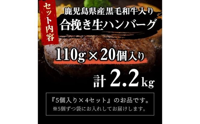 鹿児島県産 黒毛和牛を使った肉屋の贅沢合挽き生ハンバーグ 20個(計2.2kg以上) a4-119
