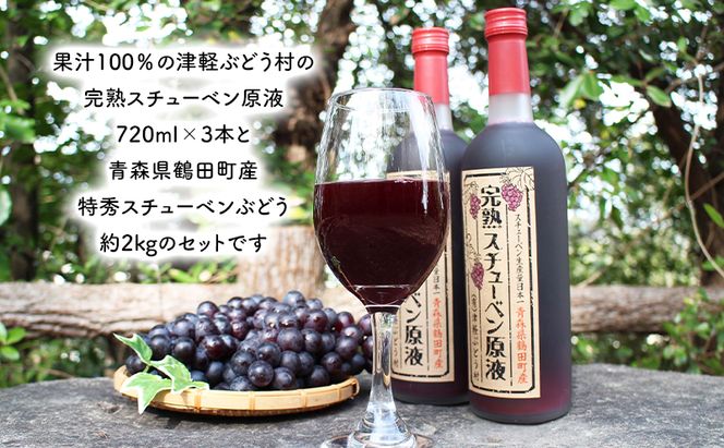 青森県鶴田町産 津軽ぶどう村 完熟スチューベン原液 720ml × 3本 ＆ 特秀 スチューベン ぶどう 約2kg セット 果物 ぶどう フルーツ 果汁飲料 ぶどうジュース　高糖度 ギフト 贈答用