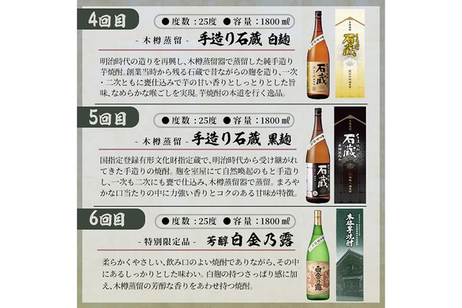 a1103 ＜定期便・全6回＞鹿児島本格芋焼酎飲み比べ！白金酒造 王道芋焼酎6本セット大(各1800ml)白金乃露白麹・黒麹、喜左衛門黒麹、手造り石蔵白麹・黒麹、特別芳醇白金乃露【南国リカー】姶良市 定期便 酒 焼酎 本格芋焼酎 芋焼酎 飲み比べ 1.8L 木樽蒸留