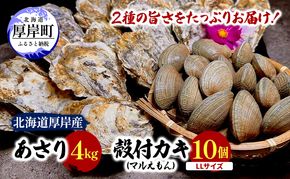 北海道 厚岸産 砂抜き済み あさり 4kg ＆ ブランド牡蠣 マルえもん 殻付き LLサイズ 10個 【光輝】 [ 魚貝類 海鮮 海の幸 みそ汁 酒蒸し アサリバタ 産地直送 生食用牡蠣 生食用 牡蠣 カキ ］