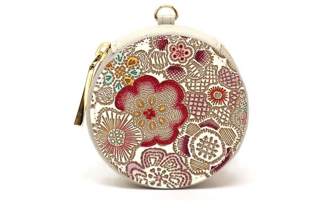 【文庫屋大関】マカロンポーチ 春らんまん＜茜＞【皮革工芸品】 ポーチ ミニポーチ 小物入れ アクセサリー入れ イヤホン入れ 収納 保管ケース 手のひらサイズ  本革 革 皮革 工芸品 工芸 雑貨 ギフト プレゼント 日本製 東京