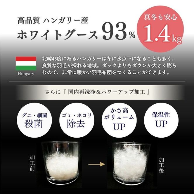 ＜京都金桝＞羽毛布団 シングル  ハンガリーホワイトグースダウン93％ 1.4kg 日本製 冬用 布団 DP380 京都亀岡産 アヌビス【ピンク】