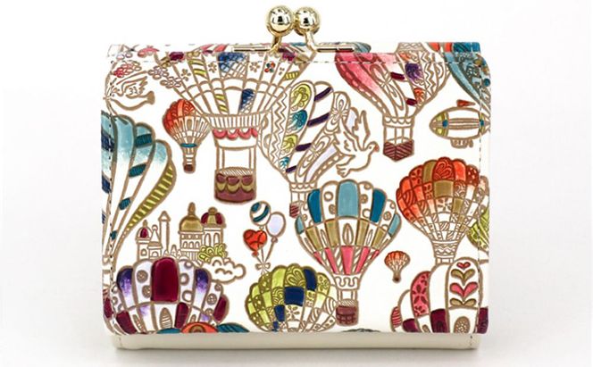 【文庫屋大関】三つ折りミニ財布　気球【皮革工芸品】 ファッション 小物 民芸品 お札 カード 小銭 手のひらサイズ コンパクト 大人かわいい 牛革 手作り 国産 