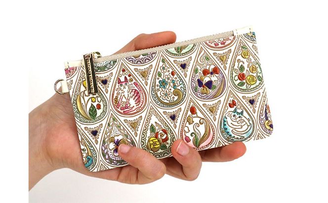 すっきり カードケース 花と猫ミックス 文庫屋大関 パスケース 小銭入れ フラグメントケース カード ケース 本革 牛革 革 皮革 スリム コンパクト 工芸品 工芸 雑貨 猫 グッズ チェーン ファスナー 日本製 東京