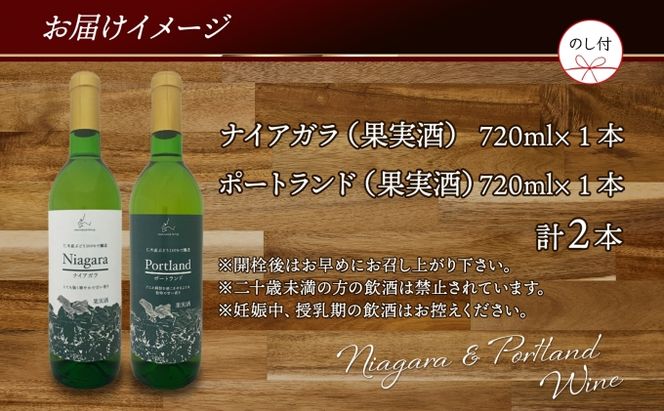 無地熨斗 ナイアガラ ポートランド ブドウ ワイン 720ml 2本 飲み比べ セット 熨斗付き 葡萄 ぶどう お酒 アルコール 白ワイン 辛口 お取り寄せ ギフト gift 御中元 お中元 熨斗 のし 自然農園 果実酒 