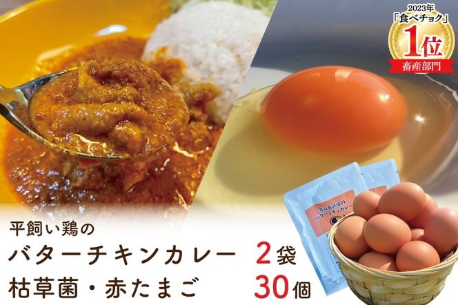 BC002　「平飼い鶏のバターチキンカレー2袋」と「枯草菌・赤卵30個」のセット