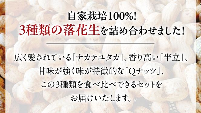 【2025年11月以降発送】牛久市産落花生3種食べ比べ大小3袋セット 牛久市産 落花生 3種食べ比べ大小3袋セット Qナッツ Qなっつ 半立 はんだち ナカテユタカ 中手豊 ピーナッツ ピーナツ 食べ比べ おやつ おつまみ お菓子 お取り寄せ 詰め合わせ お土産 贈り物 ギフト プチギフト 国産 茨城 特産品 農園 自家栽培 ビールのお供 [AX001us]