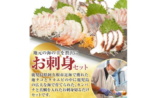 鹿児島県産！お刺身切るだけセット(3人～4人前)国産 刺し身盛 魚貝 魚介 海産物 刺身 蛸 たこ 海老 エビ かんぱち タイ 簡単調理 おつまみ セット 小分け 個包装【さるがく水産】akn028-05