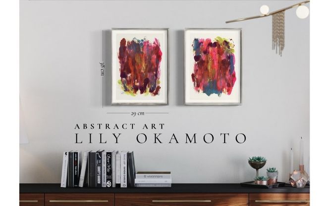 【2枚組】インテリアになるモダンアート　原画　 A4サイズ 飾りやすいサイズ　額装済み【lily0002】