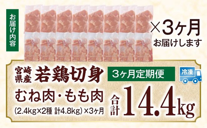 宮崎県産 若鶏切身 むね肉&もも肉 4.8kg（各300g×8袋）【3か月定期便】