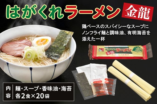 はがくれラーメン「金龍」 2食×20袋入り【麺 調味油 お歳暮 お中元 スープ 棒ラーメン 夜食 間食 土産 冬 のり付き ノンフライ チキンスープ スパイシー】(H045102)