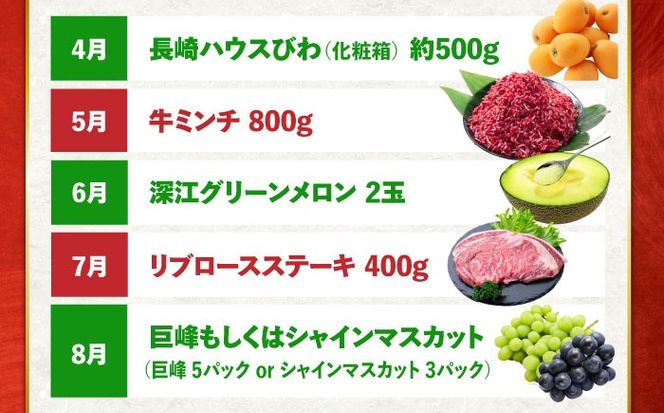 【12回定期便】長崎和牛と旬のフルーツが楽しめる バラエティ定期便 / フルーツ定期便 果物定期便 肉定期便 牛肉 びわ メロン ぶどう みかん / 南島原市 / 贅沢宝庫[SDZ053]