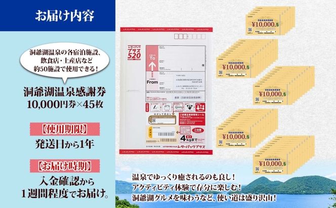 洞爺湖温泉感謝券 450000円 分 金券 クーポン 洞爺湖 湖 温泉 リゾート 有珠山 火山 自然 花火 イルミネーション 旅行 観光 宿泊 施設 北海道 