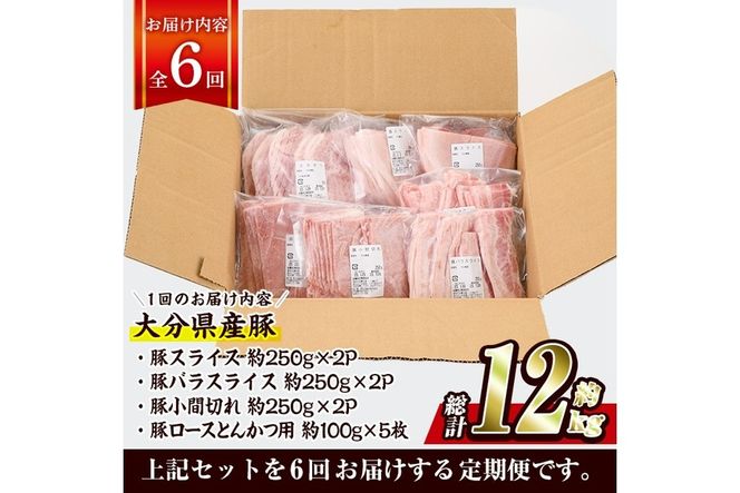 ＜定期便・全6回 (連続)＞豚肉 バラエティーパック (総量12kg・4種) 小分け 豚バラ スライス とんかつ ロース 豚こま しゃぶしゃぶ 鍋 大分県 佐伯市【BD209】【西日本畜産 (株)】
