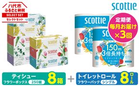 【定期便3回】【毎月お届け】【スコッティ】 組み合わせ ティシュー フラワーボックス 250組 8箱 計24箱 トイレットロール シングル フラワーパック 3倍長持ち 8ロール 計24ロール ティッシュ トイレットペーパー 日用品 防災備蓄 ストック 備蓄 新生活 防災 消耗品 生活用品 日用消耗品 箱ティッシュ