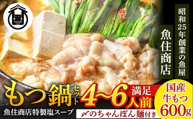 魚住商店特製 国産牛もつ使用 塩もつ鍋セット(4～6人前)【魚住商店】_HA2000 〆のチャンポン麺付き 国産モツ鍋 鍋 ホルモン 肉 もつ 国産もつ鍋 塩もつ鍋 塩モツ鍋 出汁つき 小分け 個包装 冷凍 惣菜 お惣菜 おかず おすすめ 福岡県宗像市