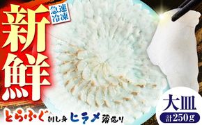 【新鮮！贅沢おつまみ】トラフグ の 刺し身 ＆ ヒラメ の 薄造り 大皿×各1枚 計250g  / ひらめ ヒラメ とらふぐ刺身 紅葉おろし トラフグ ふぐ フグ 河豚 刺し身 / 南島原市 / 株式会社 FUKUNOTANE[SFJ027]