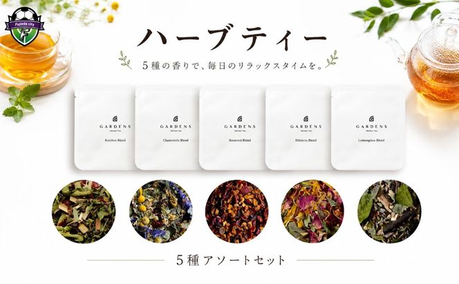 ハーブティー アソート 5種 セット GARDENS ブレンド 計20包 ティーバッグ レモングラス カモミール ハイビスカス ローズレッド ルイボス 飲み比べ ハーブ ティー オリジナル 自然素材 ギフト 贈り物 贈答 お茶 飲み物 飲料 ふるさと納税 静岡県 藤枝市