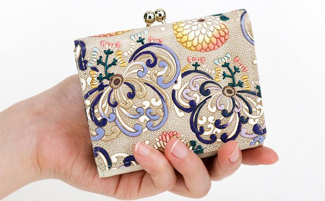 【文庫屋大関】三つ折りミニ財布　乱菊（青紫）【皮革工芸品】 ファッション 小物 民芸品 お札 カード 小銭 手のひらサイズ コンパクト 大人かわいい 牛革 手作り 国産 