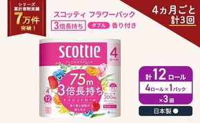 定期便 トイレットペーパー ダブル スコッティ 3倍長持ち 4ロール × 1パック フラワーパック 香り付き《 4ヶ月ごと計 3回 》