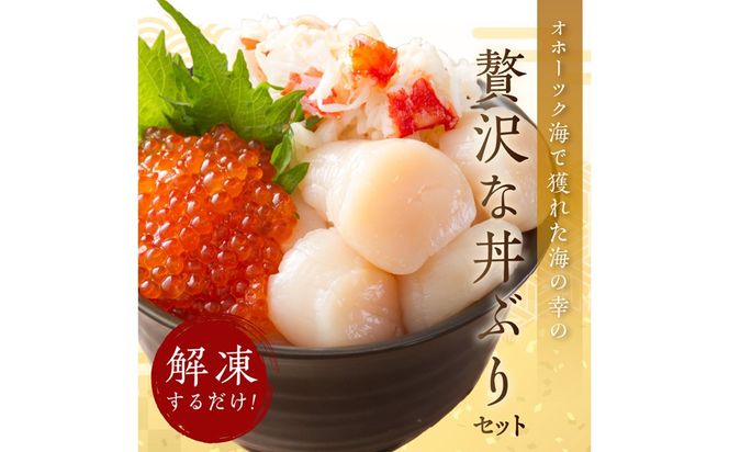 《14営業日以内に発送》ホタテとイクラとカニを食べつくす！船長おすすめのオホーツク丼ぶりセット ( オホーツク海 ホタテ ほたて 貝 魚介類 カニ かに 蟹 イクラ いくら 魚卵 鮭卵 鮭 さけ 海鮮丼 おつまみ 冷凍 )【114-0088】