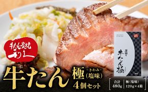 牛たん炭焼利久 牛たん極（塩味）4箱セット【 肉 にく 牛肉 牛たん タン 仙台 名物 厚切り 焼肉 プレミアム バーベキュー BBQ アウトドア キャンプ ジューシー 柔らかい 風味豊か 旨味 冷凍保存 焼き方簡単 高級 贅沢 宮城 お取り寄せ ギフト 】 ● 041009_JF016