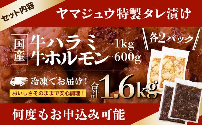ヤマジュウの特選タレ漬け！和牛ハラミ肉１ｋｇ＆国産牛ホルモン６００ｇ　yj113