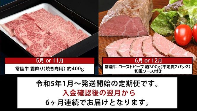 【茨城県共通返礼品】【定期便】 【6回コース】  常陸牛 贅沢 満喫 定期便 （6ヶ月連続でお届け） 半年 牛肉 黒毛和牛 国産 切り落とし すき焼き 焼肉 霜降り ステーキ ハンバーグ ローストビーフ [AU033ya]